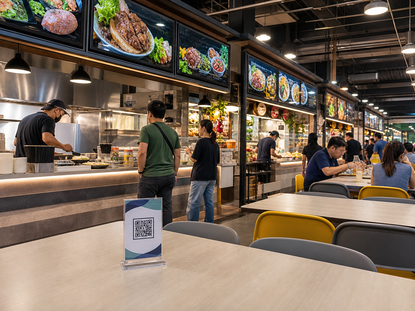 Food court dengan gerai dan kod QR di meja