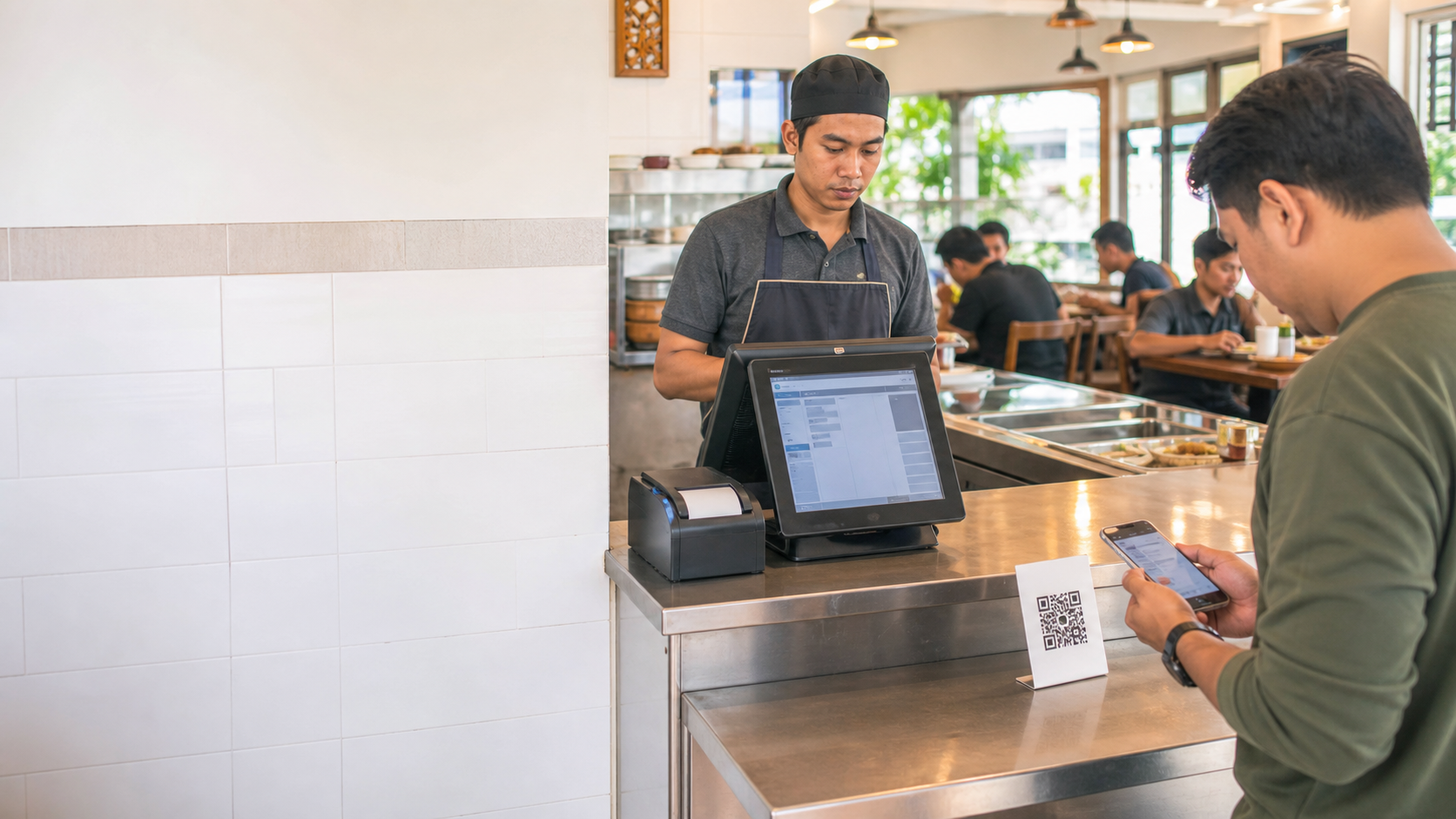 Kaunter restoran dengan sistem POS dan pelanggan mengimbas QR untuk pesanan